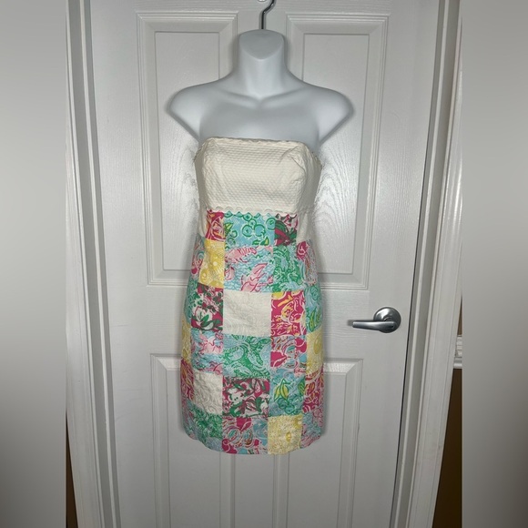 Lilly Pulitzer Multi State Dress Multicolor Strapless Mini Short Patchwork 00 - Picture 7 of 15